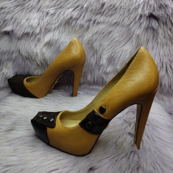 L.A.M.B. Leather Tuxedo Platform Pump Shoes Womens Size 6 Tan Brown Black - Picture 3 of 10